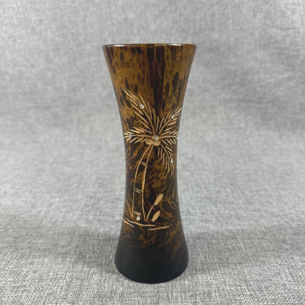 Hand Carved Wooden Flower Bud Vase Palm Tree Jamaica Brown Boho Tropical 7.5"
